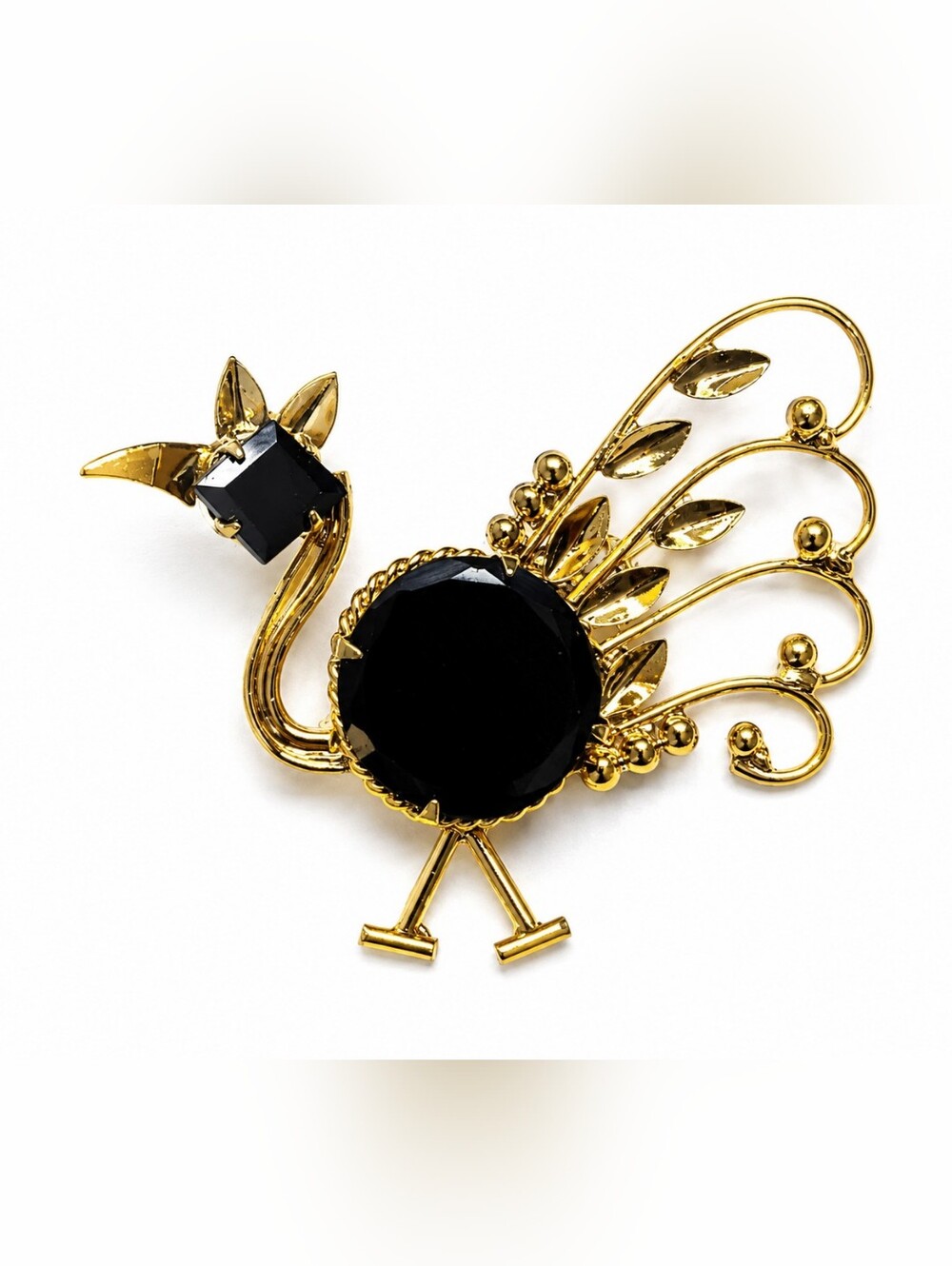Gold Tone Black Glass Peacock Bird Brooch Pin 1.5" x 1.75"